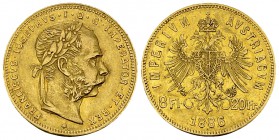 Austria, AV 8 Florins/20 Francs 1886 

 Austria . Franz Joseph I. AV 8 Florins/20 Francs 1886 (6.43 g).
KM 2269.

Gutes sehr schön.