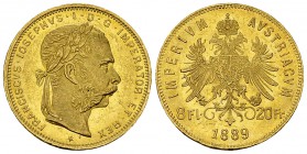 Austria, AV 8 Florins/20 Francs 1889 

 Austria . Franz Joseph I. AV 8 Florins/20 Francs 1889 (6.44 g).
KM 2269.

Fast unzirkuliert.