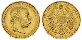 Austria, AV 20 Corona 1892 

 Austria . Franz Joseph I. AV 20 Corona 1892 (6.76 g).
KM 2806.

Gutes vorzüglich.