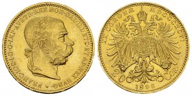 Austria, AV 20 Corona 1896 

 Austria . Franz Joseph I. AV 20 Corona 1896 (6.76 g).
KM 2806.

Gutes vorzüglich/fast unzirkuliert.