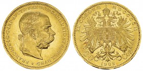Austria, AV 20 Corona 1902 

 Austria . Franz Joseph I. AV 20 Corona 1902 (6.78 g).
KM 2806.

Fast unzirkuliert.