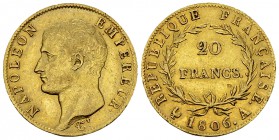 Napoléon I, AV 20 Francs 1806 A, Paris 

 France . Napoléon I empereur (1804-1814). AV 20 Francs 1806 A (6.42 g). Paris. 
Gad. 1023.

TTB à SUP....