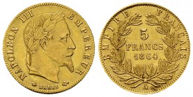 Napoléon III, AV 5 Francs 1864 A, Paris 

France, second Empire. Napoleon III (1852-1870). AV 5 Francs 1864 A (1.61 g), Paris.
Gad. 1002.

SUP.