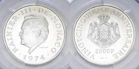 Monaco Platinum 2000 Francs 1974, PR69 CAMEO 

 Monaco . Rainier III (1949-2005). Platinum 2000 Francs 1974.
Obv. Head of Rainier to left.
Rev. Cr...
