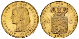 Netherlands AV 10 Gulden 1897 

 Netherlands . Wilhelmina. AV 10 Gulden 1897 (6.71 g).
KM 118.

Edge faults, otherwise, extremely fine.