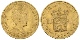 Netherlands AV 10 Gulden 1911 

 Netherlands . AV 10 Gulden 1911 (6.72 g). KM 149. 
Almost uncirculated.