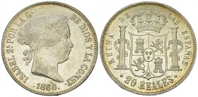 Isabella II AR 20 Reales 1860, Madrid 

Spain. Isabella II . AR 20 Reales 1860 (25.80 g), Madrid. 6-pointed star.
KM 609.2.

Almost uncirculated/...
