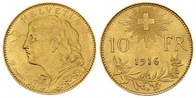 Schweiz, AV 10 Franken 1916 B 

 Schweiz, Eidgenossenschaft . AV 10 Franken 1916 B (19 mm, 3.22 g). Vreneli. 
KM 36. 

 Unzirkuliert.