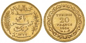 Tunisia AV 20 Francs 1904 A 

 Tunisia . Hadi Bey. AV 20 Francs 1904 A (21 mm, 6.45 g).
KM 227.

Extremely fine.