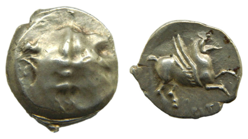 Emporiton (Empúries). 210-180 aC. Dracma. 4,3 gr. AR. Anv: Cabeza poco visible d...