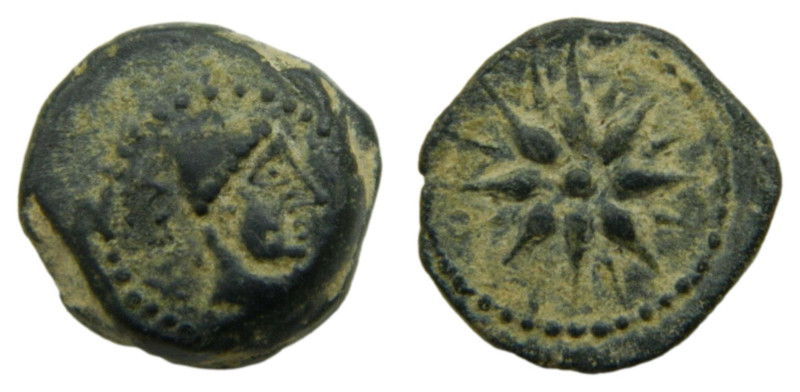 Malaka (Málaga). Siglo II aC. Cuadrante. 4,7 gr. AE. ACIP 798. Anv: Cabeza de Vu...