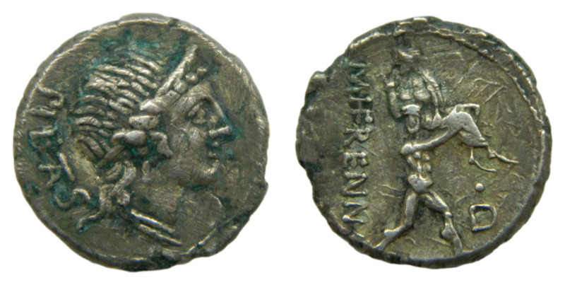 M. Herennius. 108-107 aC. Denario forrado. Seaby Herennia 1. 1,9 gr. AE. Anv: Ca...