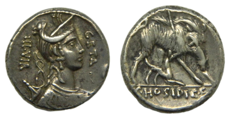 C. Hosidius C. 68 aC. Denario. Seaby Hosidia 1. 3,7 gr. AR. Anv: Busto de Diana....