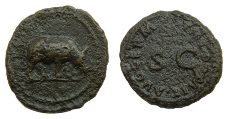 DOMICIANO, emperador. 81-96 dC. Cuadrante. 3,1 gr. AE. Anv: Rinoceronte a la der...