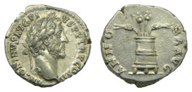 ANTONINO PÍO. Denario. Roma (140-143). Anv: Cabeza laureada a der.; ANTONINVS AVG P P TR P COS III. Rev: Modio con espigas y amapolas; ANNONA AVG. AR ...