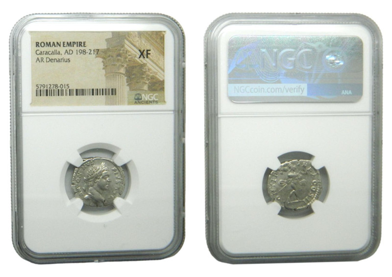CARACALLA, emperador. 198-217 dC. AR. Denario. Roman empire. NGC
XF