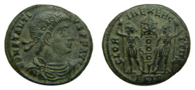 CONSTANCIO II, emperador. 337-361 dC. Follis. Siscia (Croacia). RIC 85. 1,5 gr. AE. Anv: CONSTANTIVS P F AVG. Rev: GLORIA EXERCITVS. Cristograma dentr...