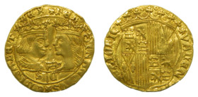 Reyes Católicos (1474-1504). Sin fecha. Ducado. Valencia. (Cal.160). (AC.116). 3,52 gr. AU. Corona entre los bustos y SC abajo. Las marcas S - C corre...