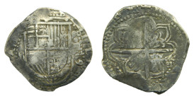 Felipe II. 1589. 4 Reales. Sevilla. P cuadrada. AR. Fecha de dos dígitos dividida por el valor. Jarabo y Sanahuja sólo catalogan este tipo con el valo...