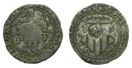 Felipe III (1598-1621) 1598 Doble sou. Perpinyà. Contramarca Cabeza de San Juan ( AC51). Vellón.
MBC