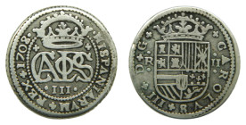 Carlos III, Archiduque de Austria. 1708 sobre 07. 2 Reales. Barcelona. AR. JS# M-5. AC 28. Sobrefecha.
MBC