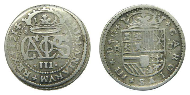 Carlos III, Archiduque de Austria. 1714 sobre 13. 2 Reales. Barcelona. AR. JS# 1...