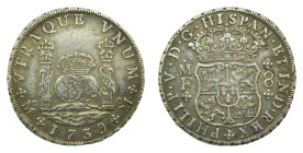 Felipe V (1700-1746). 8 reales. 1739 MF. México. 26,83 gr. AR. Columnario (AC1453).
MBC+