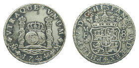 Felipe V (1700-1746). 8 reales. 1744 MF. México. 26,99 gr. AR. Columnario (AC1466) Limpiada.
BC