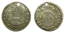 Fernando VI (1746-1759). 1/2 Real 1757. Guatemala. 1,62 gr. AR. (AC34). Agujero.
MBC