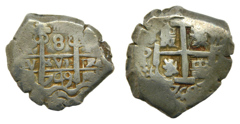 Fernando VI (1746-1759). 8 Reales 1749 Q Potosí. Bolivia. Macuquina. Doble fecha...