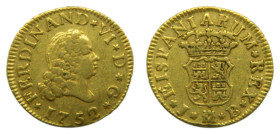Fernando VI (1746-1759). 1/2 Escudo. 1752 JB. Madrid (AC 555). AU 1,66 gr.
MBC-