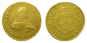 Fernando VI (1746-1759). 8 Escudos. 1751 J. Santiago. Chile. (AC 824). (onza-644). Leve hojita en anverso. 27,06 gr AU. Brillo original, espectacular ...
