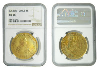 Fernando VI (1746-1759). 8 Escudos. 1753 J. Santiago. Chile. (AC 827) (Onza-647) NGC AU58. Muy bonita.
AU58