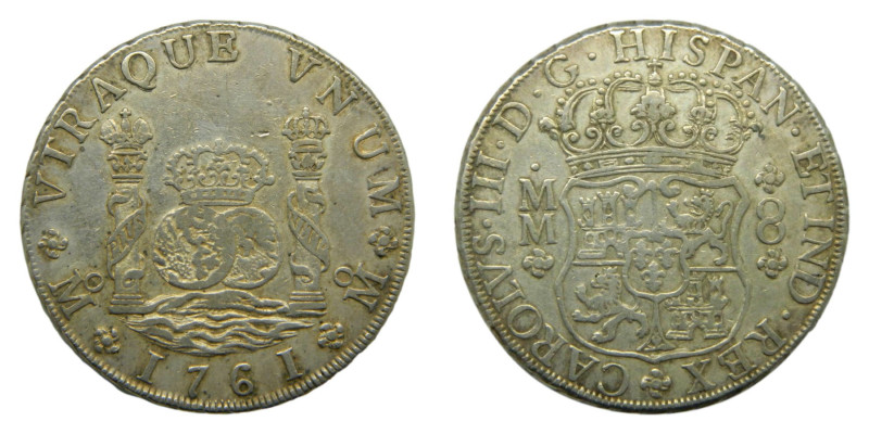 Carlos III (1759-1788). 8 Reales. 1761 MM. México. Columnario. 26,9 gr. AR. (AC1...