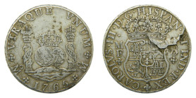 Carlos III (1759-1788). 8 Reales. 1765 MF. México. Columnario. 26,82 gr. AR (AC1088). Hoja en reverso.
BC