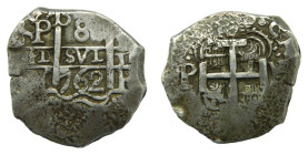 Carlos III (1759-1788). 8 Reales. 1762 V-Y. Potosí. Bolivia. Macuquina. (AC1138) 27,15 gr. AR.
MBC