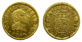 Carlos III (1759-1788) 1/2 Escudo. 1762 JV. Sevilla. (AC 1290). 1,76 gr. AU. Rara.
MBC