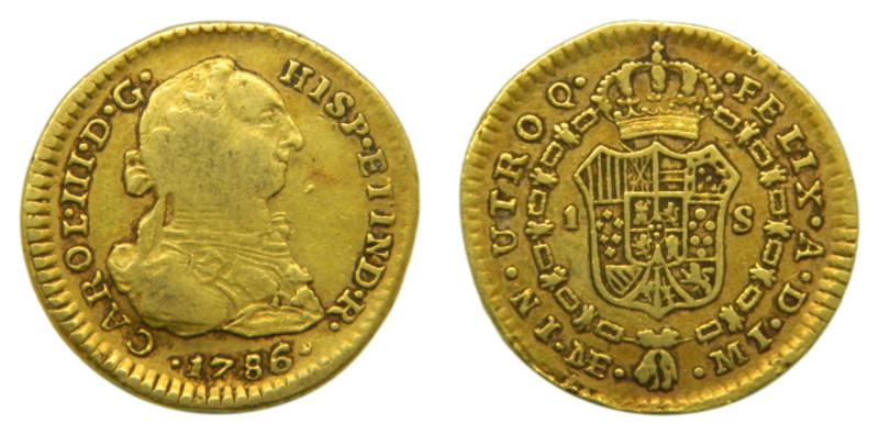 Carlos III (1759-1788). 1 Escudo. 1786 MI. Lima (AC 1352). 3,31 gr. AU.
MBC