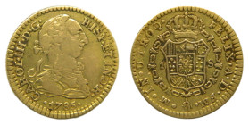 Carlos III (1759-1788). 1 Escudos. 1785 FM/FF. México (AC 1406 variante). Ceca y ensayadores invertidos. 3,31 gr. AU.
MBC