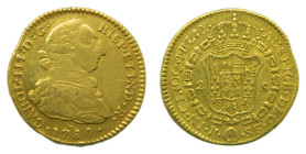 Carlos III (1759-1788). 2 Escudos. 1780 SF. Popayán (AC 1639). 6,69 gr. AU. Defecto en canto.
MBC