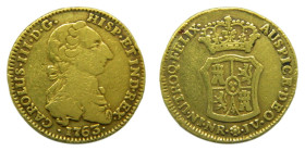 Carlos III (1759-1788). 2 Escudos. 1763 JV. Nuevo Reino. (AC 1674) 6,66 gr. AU. Tipo cara de rata. Estuvo en aro.
MBC-