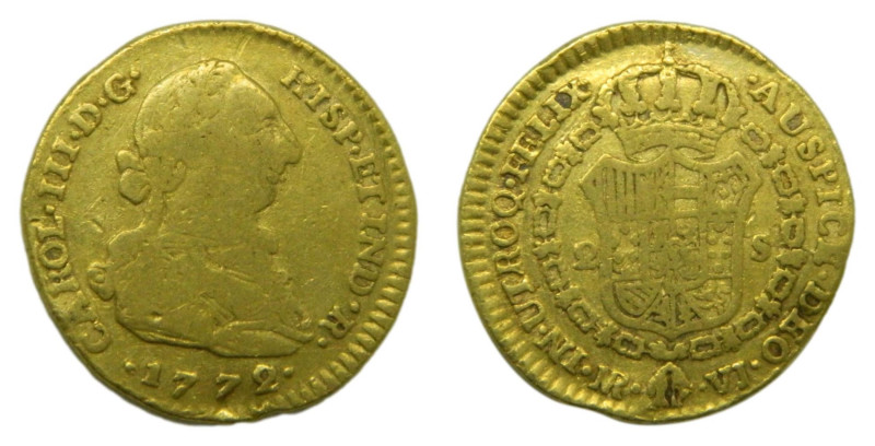 Carlos III (1759-1788). 2 Escudos. 1772 VJ. Nuevo Reino. (AC 1685). 6,56 gr. AU....