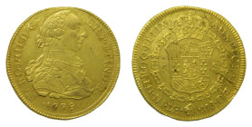 Carlos III (1759-1788). 8 Escudos. 1779 MJ. Lima. Perú. (AC 1940). 26,95 gr. AU. Hoja saltada en reverso, algo desplazada en anverso y leves rayitas. ...