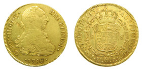 Carlos III (1759-1788). 8 Escudos. 1786/5 PR. Potosí. (AC 2071). 27 gr. AU. Hojita en anverso. Bonito tono.
EBC-