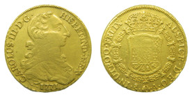 Carlos III (1759-1788). 8 Escudos. 1771 A. Santiago (AC 2143). 26,96 gr. AU. Tipo Cara de Rata. Pocos ejemplares conocidos. Escasa.
MBC