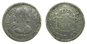 Carlos IV (1788-1808). 1/2 Real. 1790 M. Guatemala. Primer busto. (AC no cita). 1,6 gr. AR. Gopecitos en canto.
BC/MBC-
