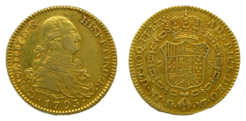 Carlos IV (1788-1808). 1793. MF. 2 Escudos. Madrid. (AC 1279). 6,79 gr. AU.
MBC