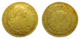 Carlos IV (1788-1808). 1794/3. MF. 2 Escudos. Madrid. (AC 1281). 6,73 gr. AU.
MBC