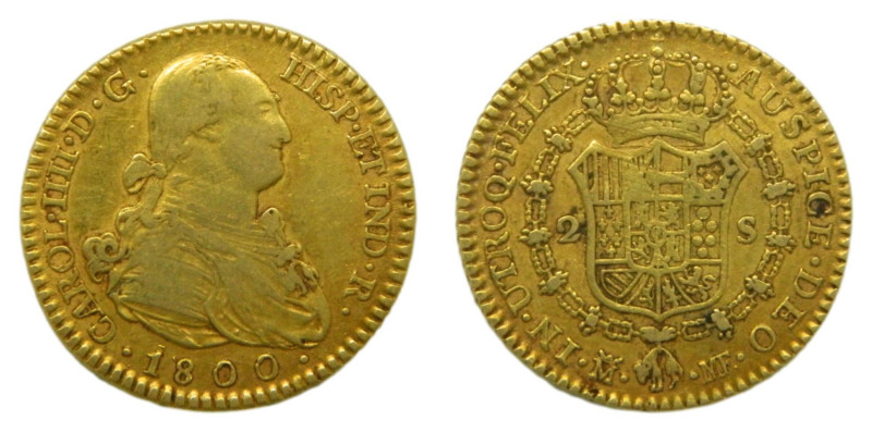 Carlos IV (1788-1808). 1800. MF. 2 Escudos. Madrid. (AC 1297). 6,66 gr. AU.
MBC...
