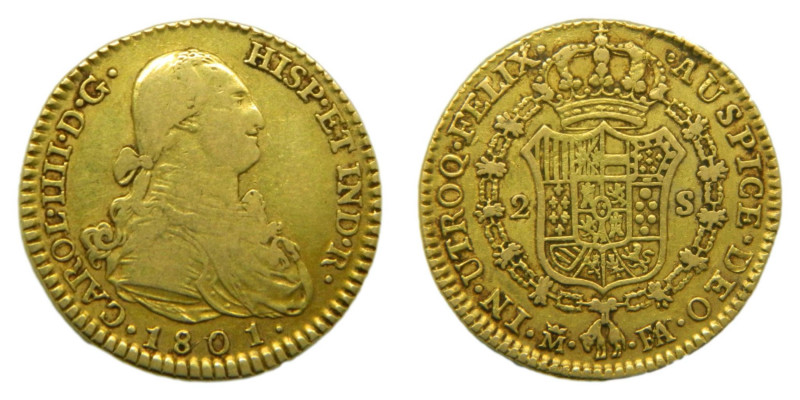 Carlos IV (1788-1808). 1801. FA/MF. 2 Escudos. Madrid. (AC 1302). 6,73 gr. AU.
...